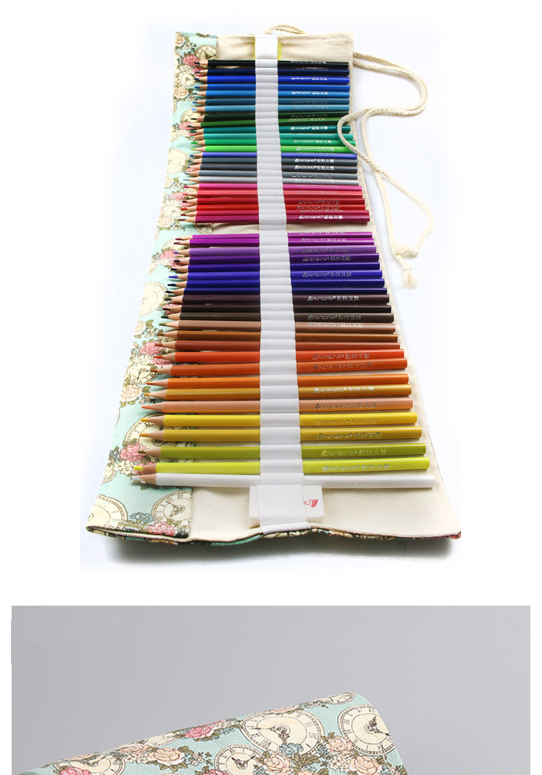 48色可擦卷帘彩铅套装帆布笔帘复古卡通三角杆送橡皮卷笔刀定制