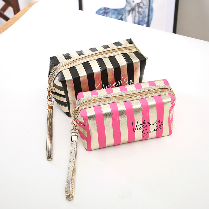 New Phnom Penh Striped Make-up Bag PU Leather Laser Octagonal Storage Bag Women's Handbag Travel Portable Toiletry Bag