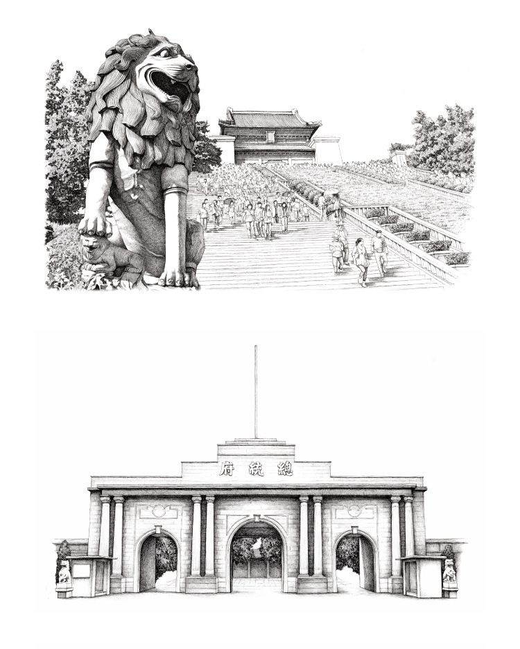 南京手绘明信片精细钢笔画夫子庙中山陵总统府明孝陵风景纪念卡片