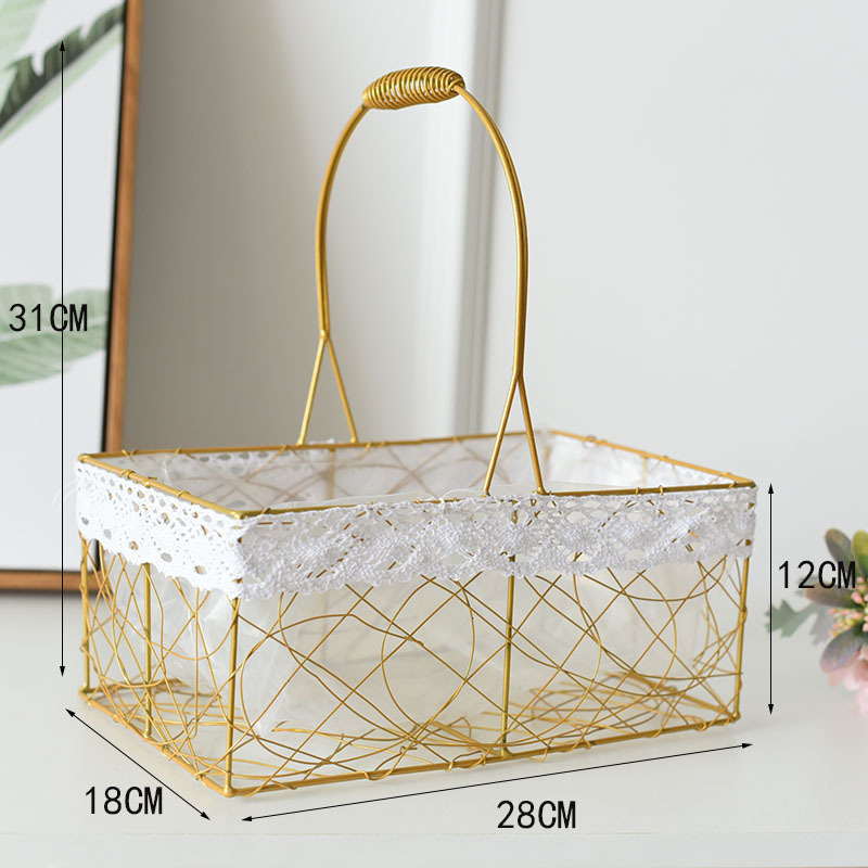 L Large Rectangular Golden Iron Mesh Flower Basket Hand-Carrying Knitting Mixing Hand Gift Fruit Storage Basket Portable Basket Picnic Basket