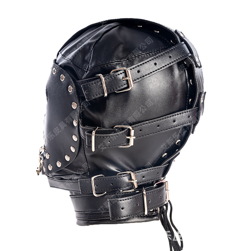 露眼拉链嘴pu全包系带加强头套调教面罩演出头套皮革惩罚窒悉束缚