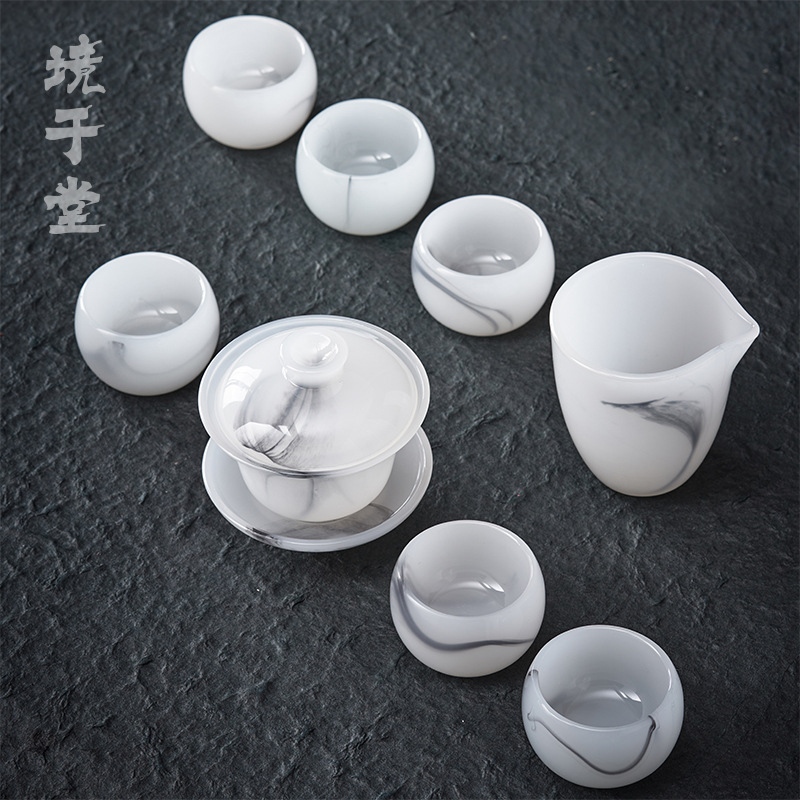 Ink Glass Kung Fu Tea Set White Jade Porcelain Teapot Tea Cup Japanese Simple Reception Household Master Cup Single Cup
