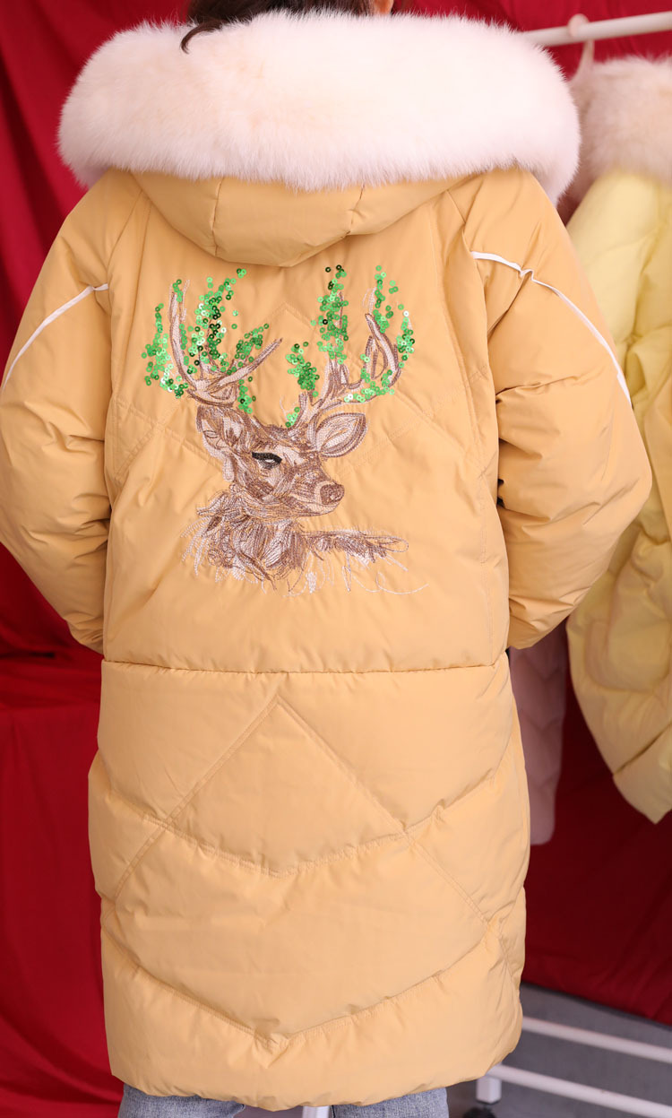 东大门鹿头韩版网红中长款羽绒服大毛领加厚后背刺绣学生通勤外套