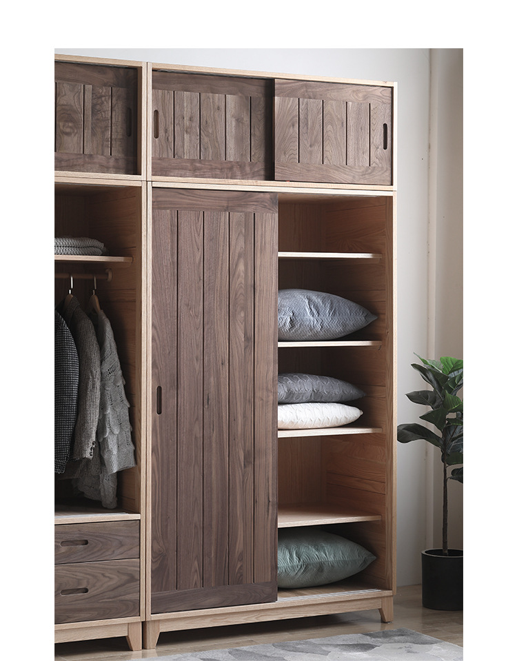 全实木大衣柜橡木黑胡桃推拉门移门衣橱简约现代撞色拼色衣柜组合
