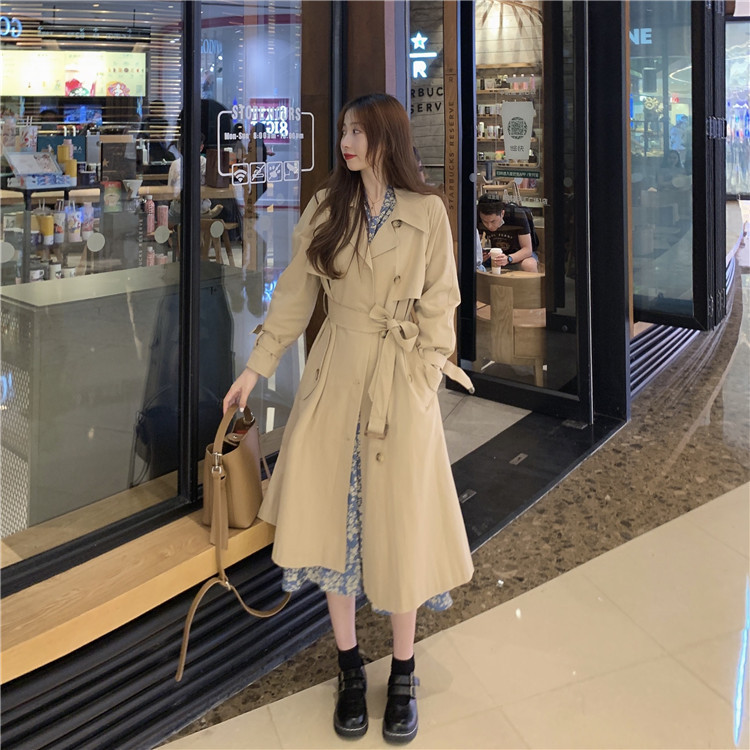 胖mm大码女装新款卡其色短款 中长款风衣百搭秋季外套 碎花裙女