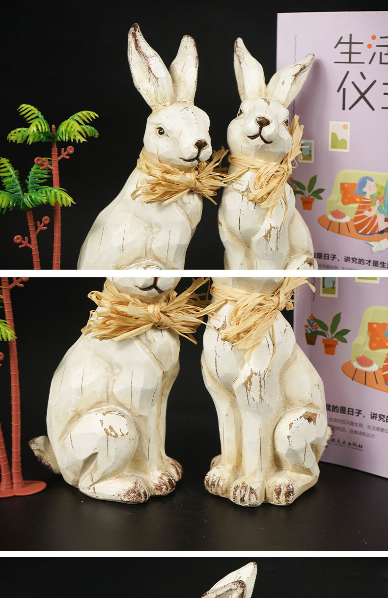 创意仿真动物情侣兔子摆件树脂家居庭院玄关装饰品可爱工艺品乔迁