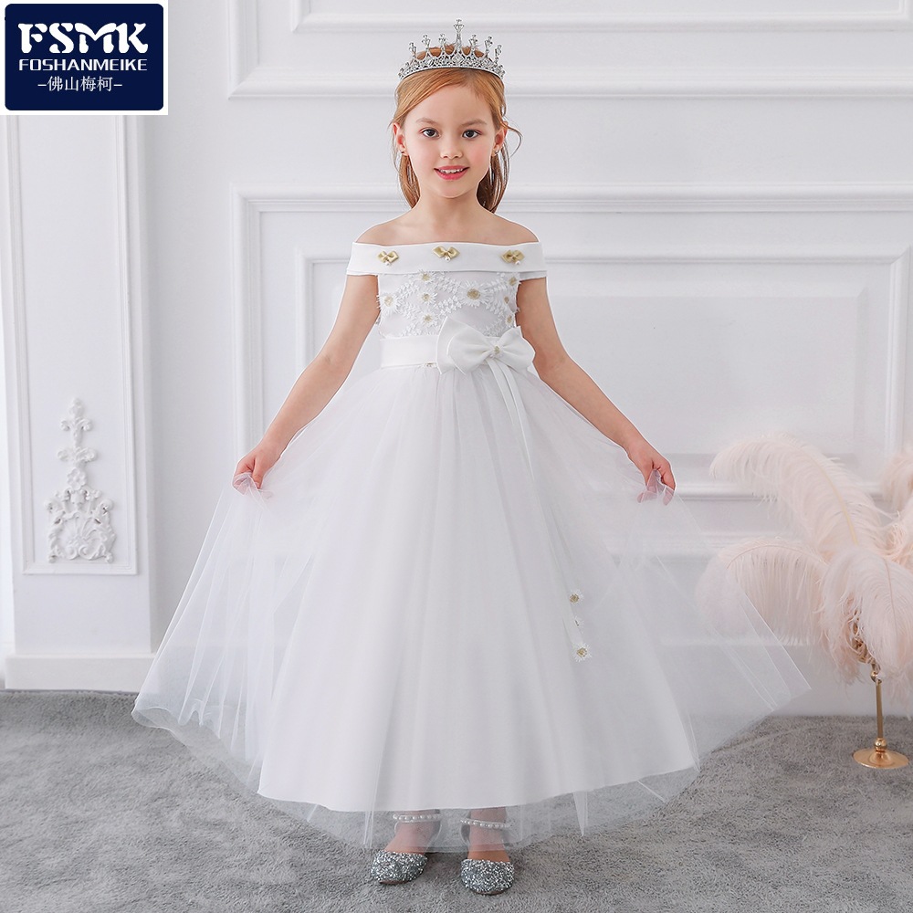 跨境欧美一字肩女童礼服裙长裙中大童公主裙蝴蝶结儿