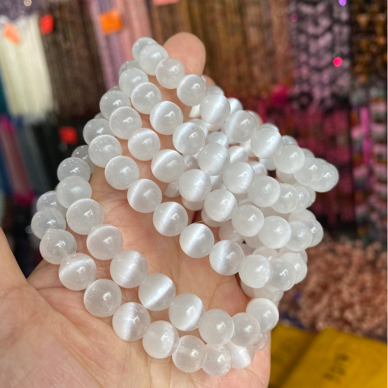 selenite 天然石膏石圆珠手链天然透石膏石手串厂家批发 外贸跨境