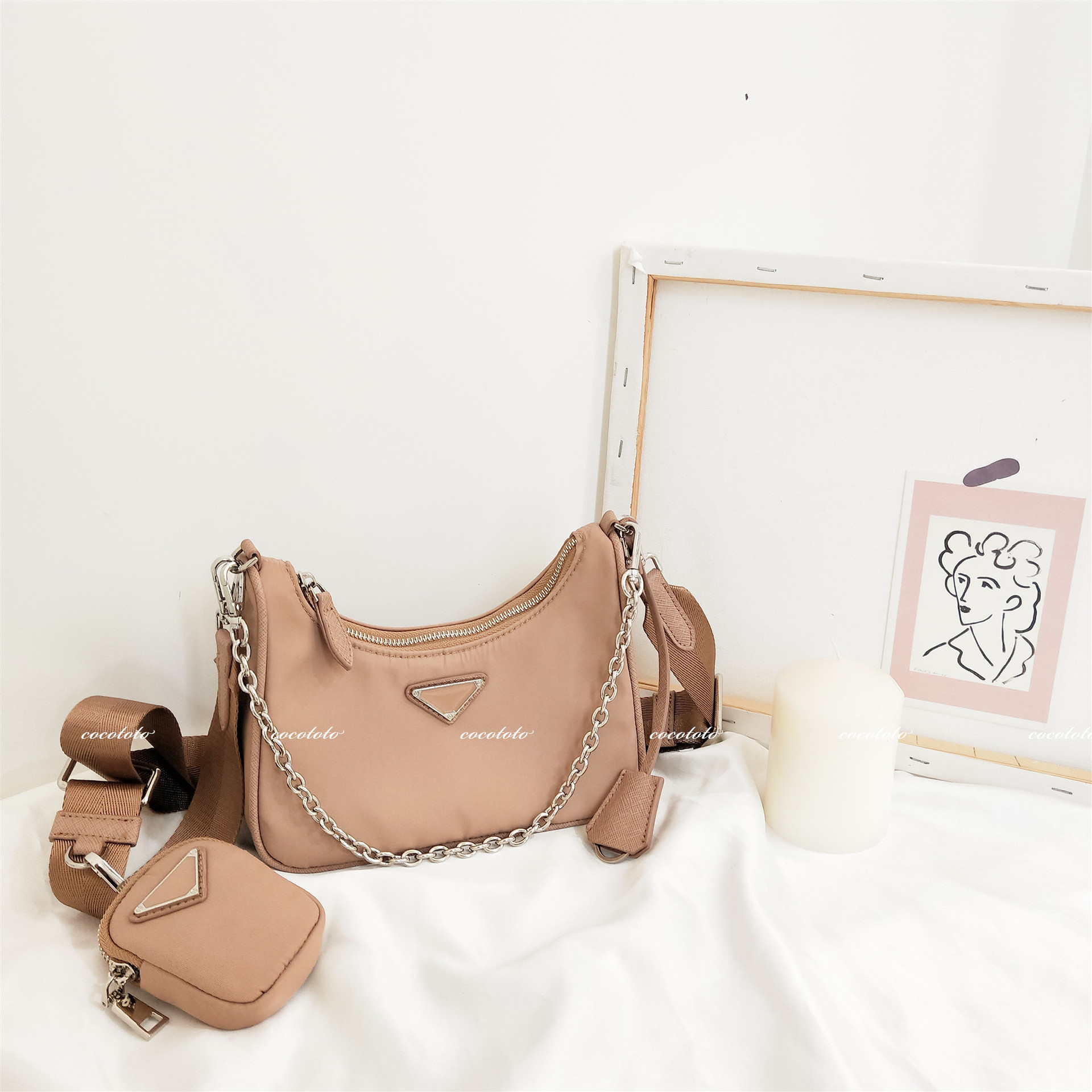 2020新款网红明星杨幂同款三合一斜挎包黑色尼龙料腋下包链条女包