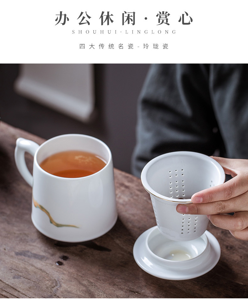 景德镇手描金花玲珑茶杯陶瓷带盖茶漏办公会议杯家用泡茶白瓷杯子