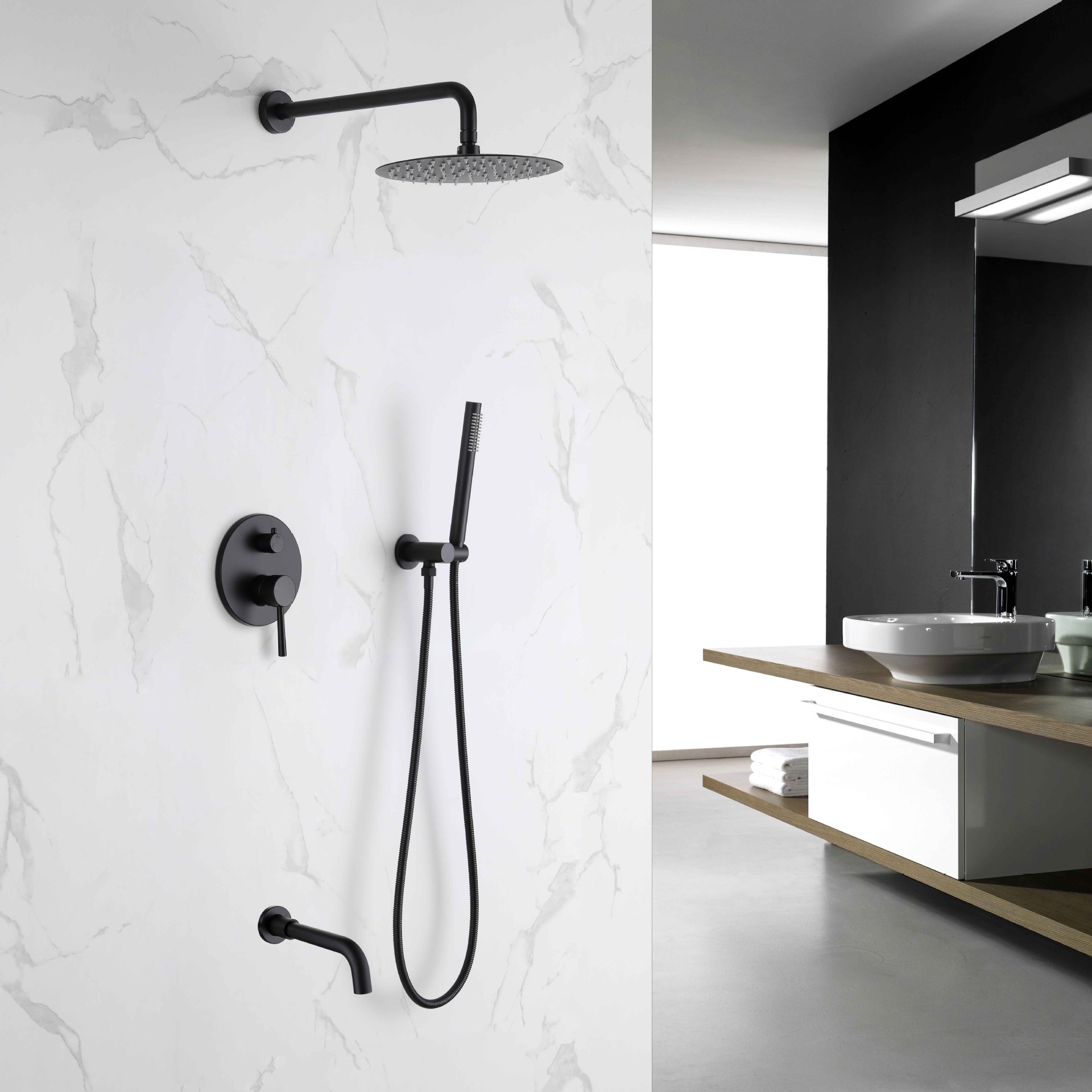 黑色暗装淋浴花洒嵌入式淋浴龙头冷热三功能花洒套装淋浴混水龙头