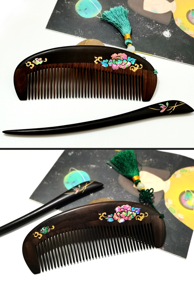 凤丫头厂家直供贵妃牡丹檀木梳子螺钿镶嵌漆艺彩绘个性文创礼品梳