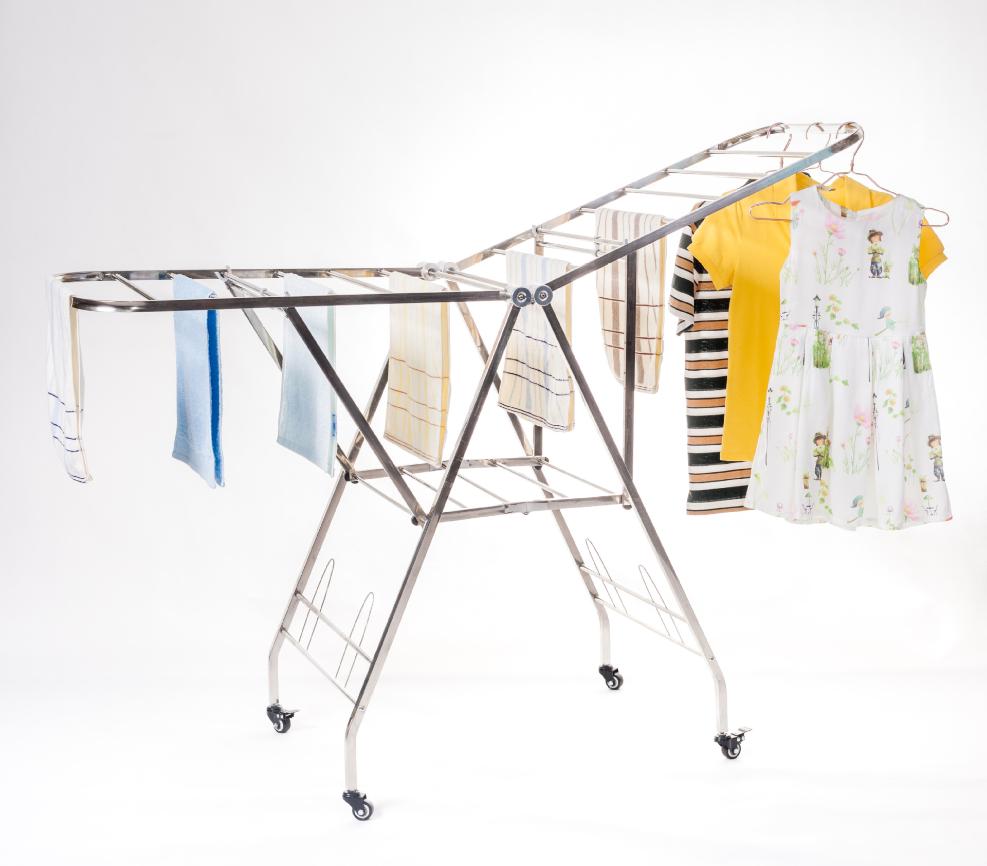 厂供全不锈钢落地阳台晾衣架折叠晾衣架批发蝴蝶翼型滑轮神器