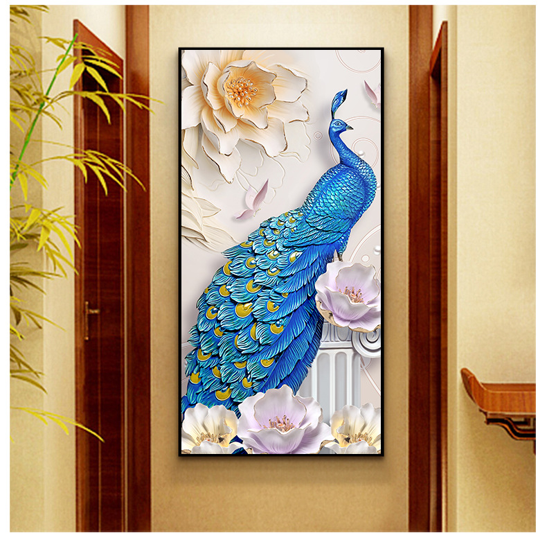 5d满钻钻石绣玄关蓝孔雀钻石画现代客厅屏风装饰画diy钻石挂画