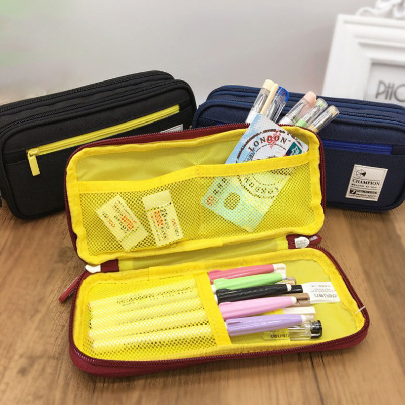 Cross-Border Hot Selling Multi-Functional Double-Layer Large Capacity Canvas Pen Bag Simple Primary and Secondary School Students Stationery Case Wholesale