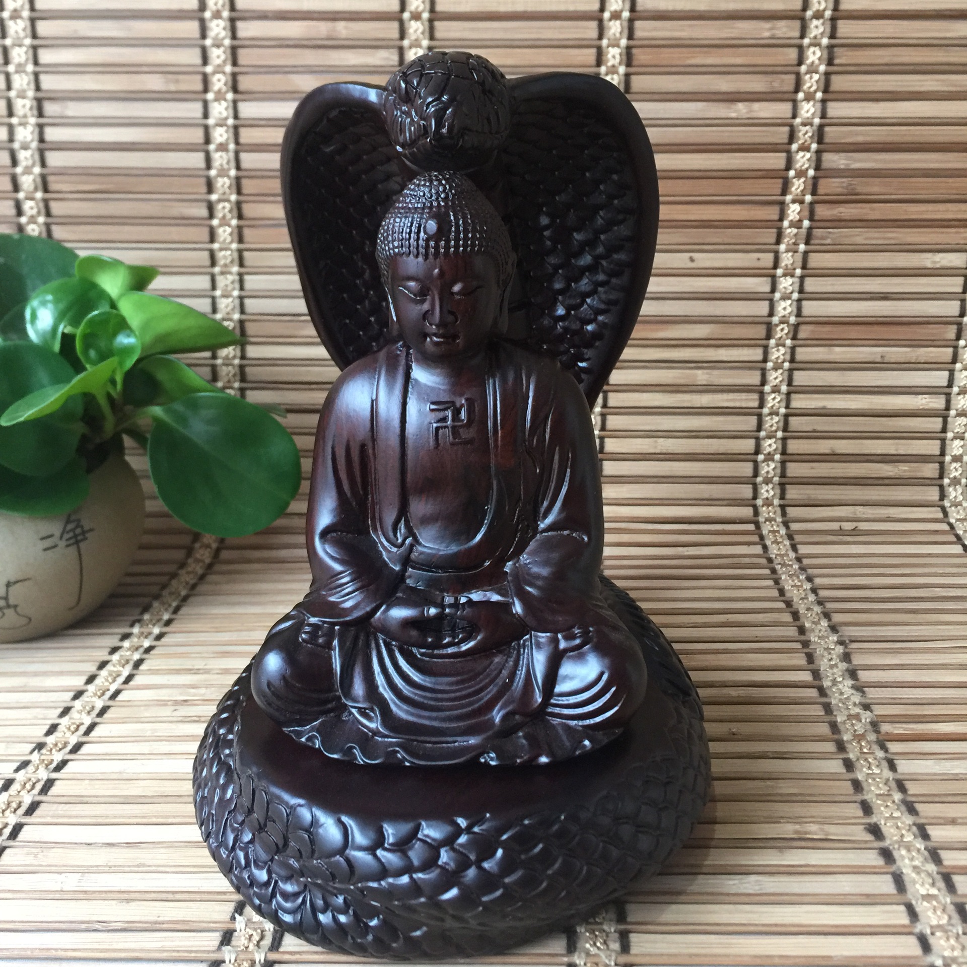 黑檀木雕释迦摩尼佛像摆件实木质供奉灵蛇护主佛祖神像雕刻工艺品