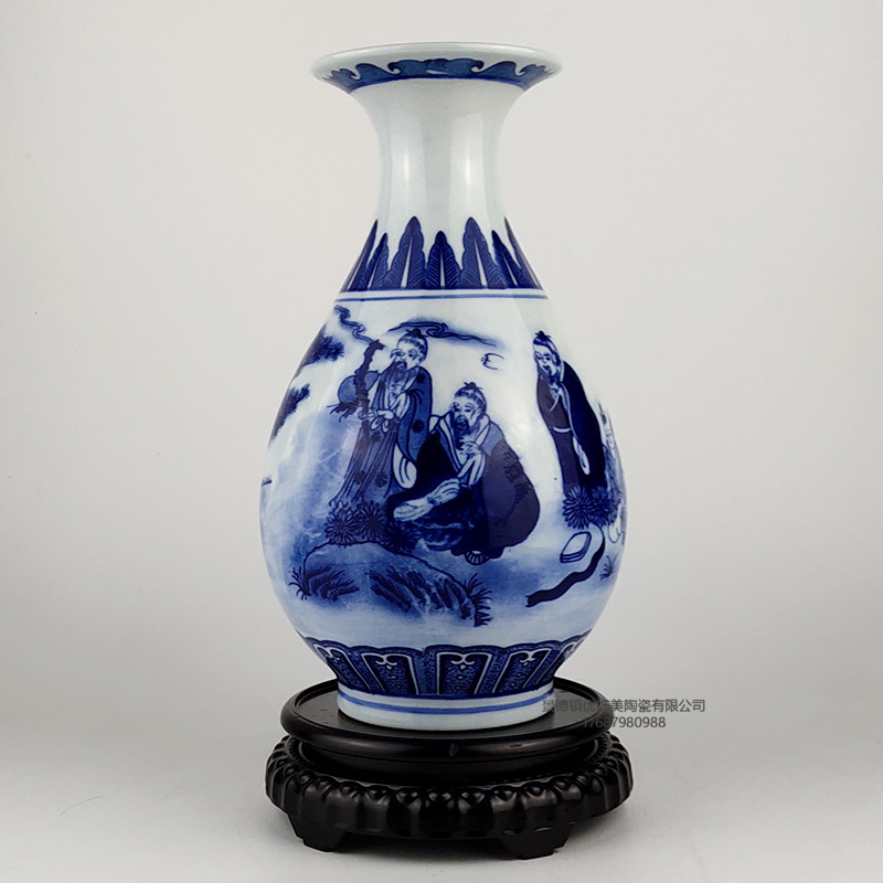 景德镇青花陶瓷器孔子受教花瓶工艺品摆件花器赏瓶玄关多可定制