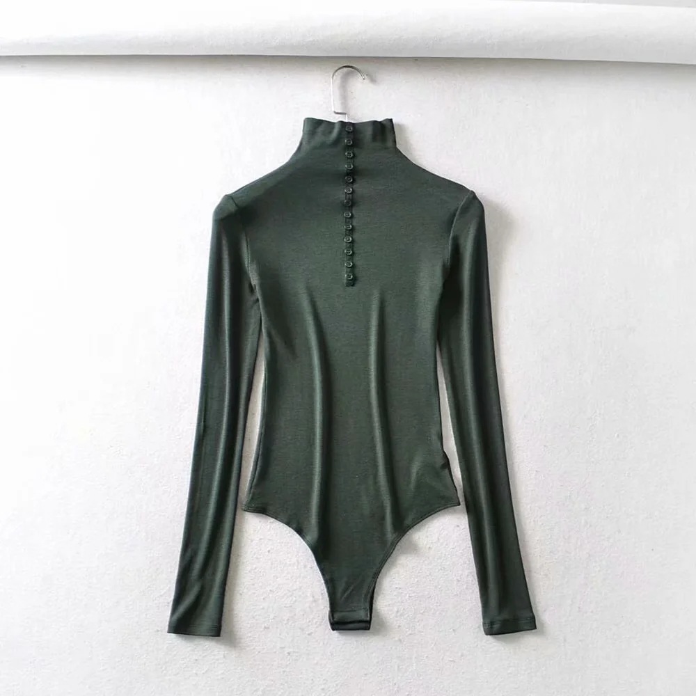 秋冬季半高领长袖连体衣ins欧美风女装单排扣紧身开档连体裤