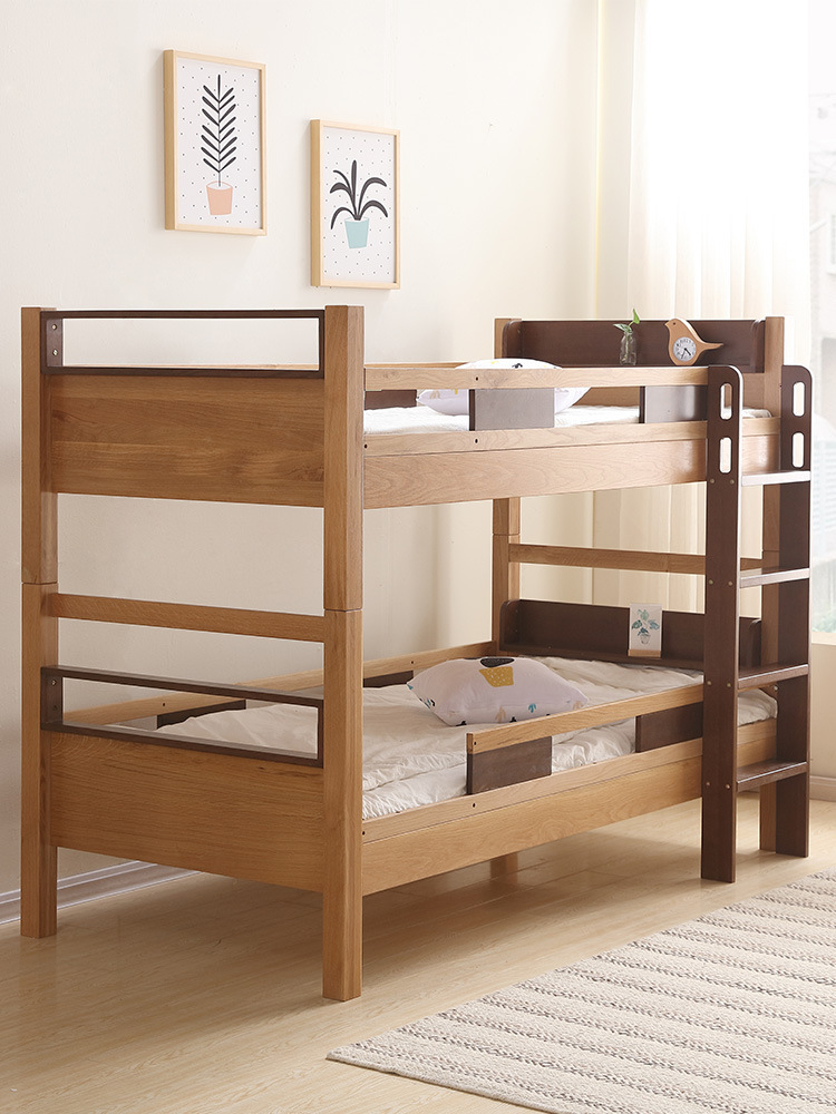 白橡木双层床1m 全实木上下床多功能组合床高低床带护栏儿童床1.