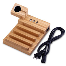 亚马逊热卖五合一木质手机快充支架多口USB充电器底座木支架