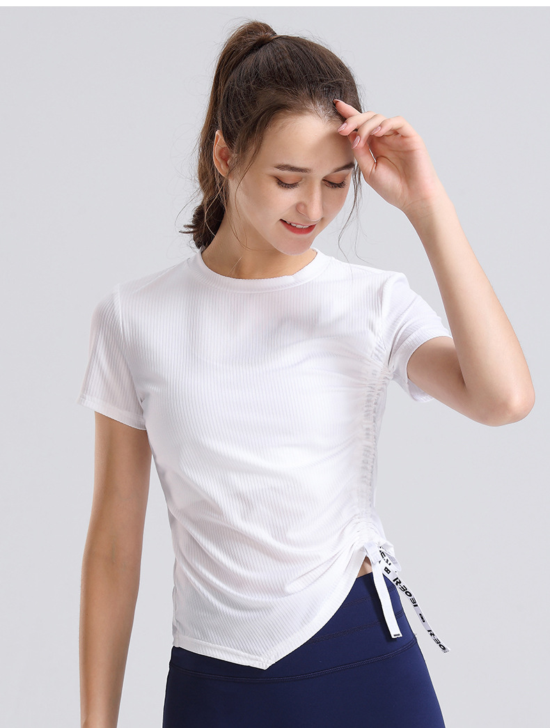 新款瑜伽服短袖女士圆领运动t恤跑步健身上衣修身抽绳透气瑜伽t恤