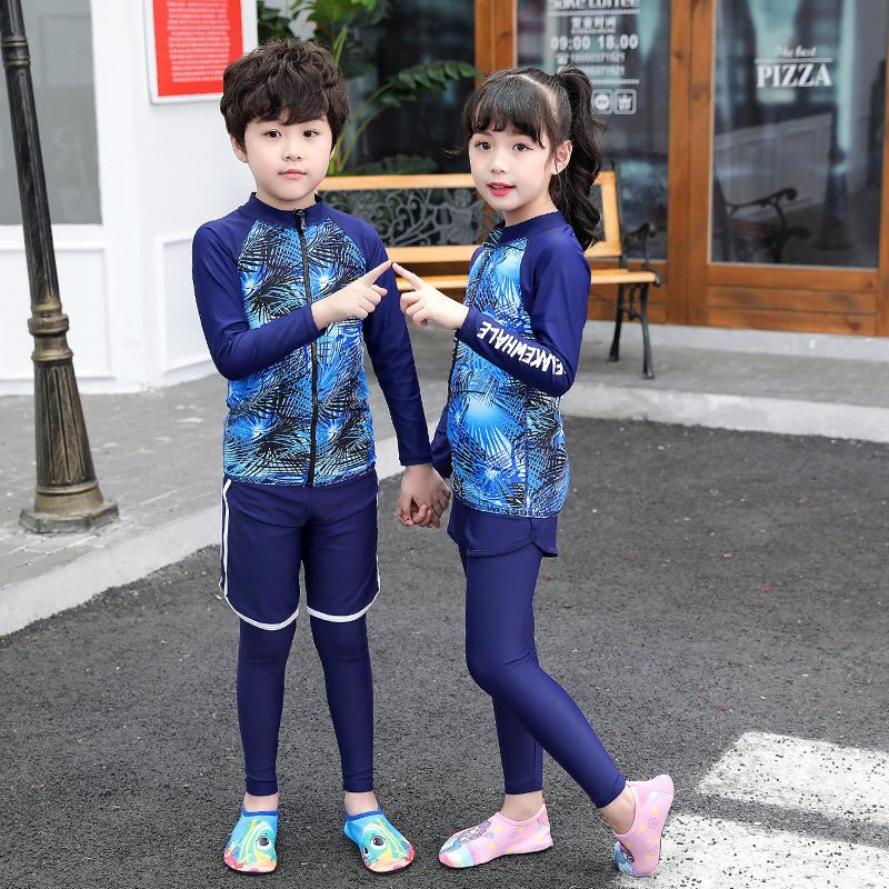 儿童泳衣男女中小童温泉防晒长袖保暖分体学生潜水服三件套 批发