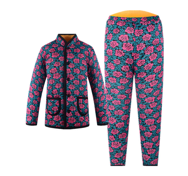 棉袄女装加绒两件中老年棉裤加厚套装短款冬装花色保暖棉服加肥女