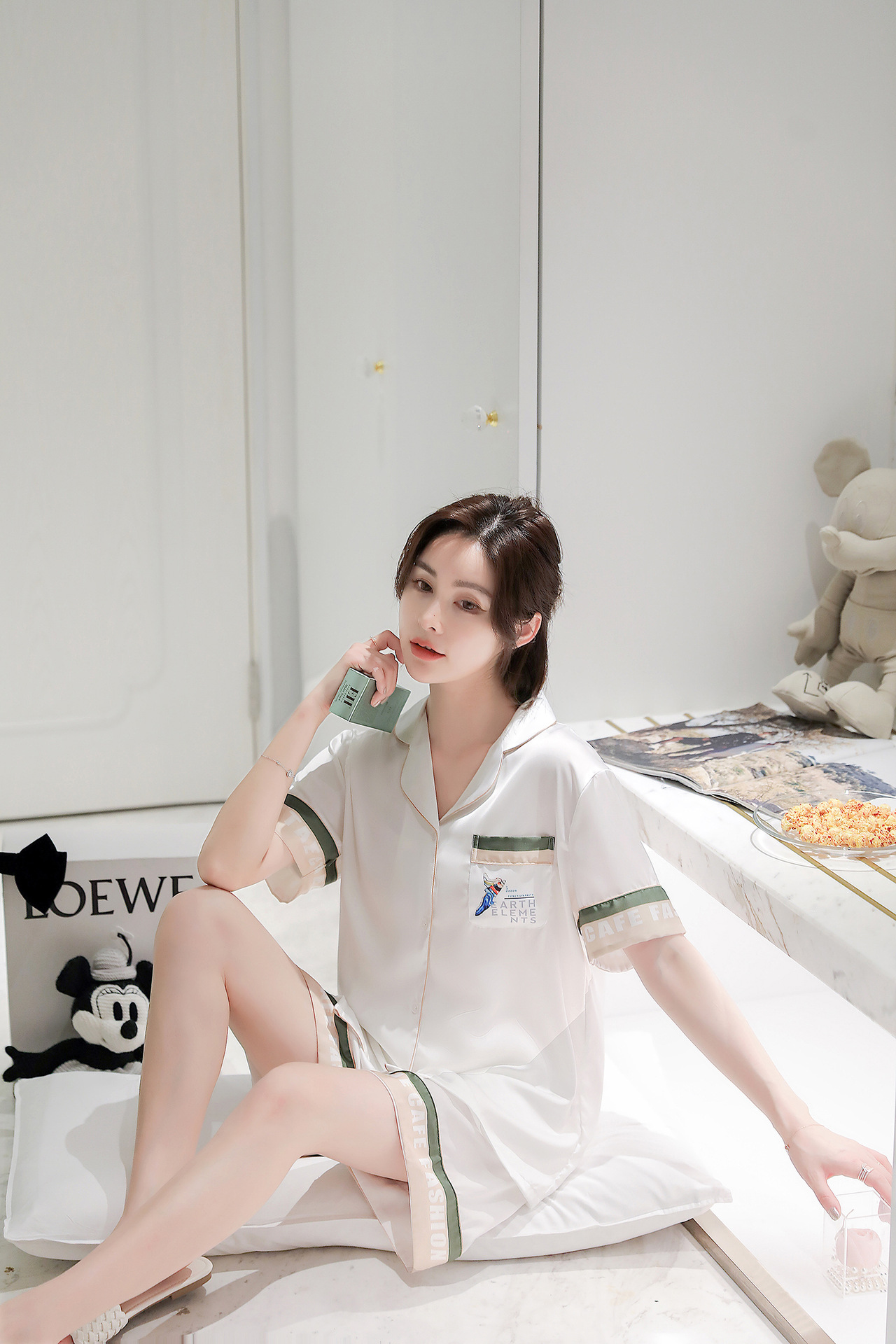 女士冰丝睡衣夏季薄款数码印花ins轻奢短袖短裤套装仿真丝家居服