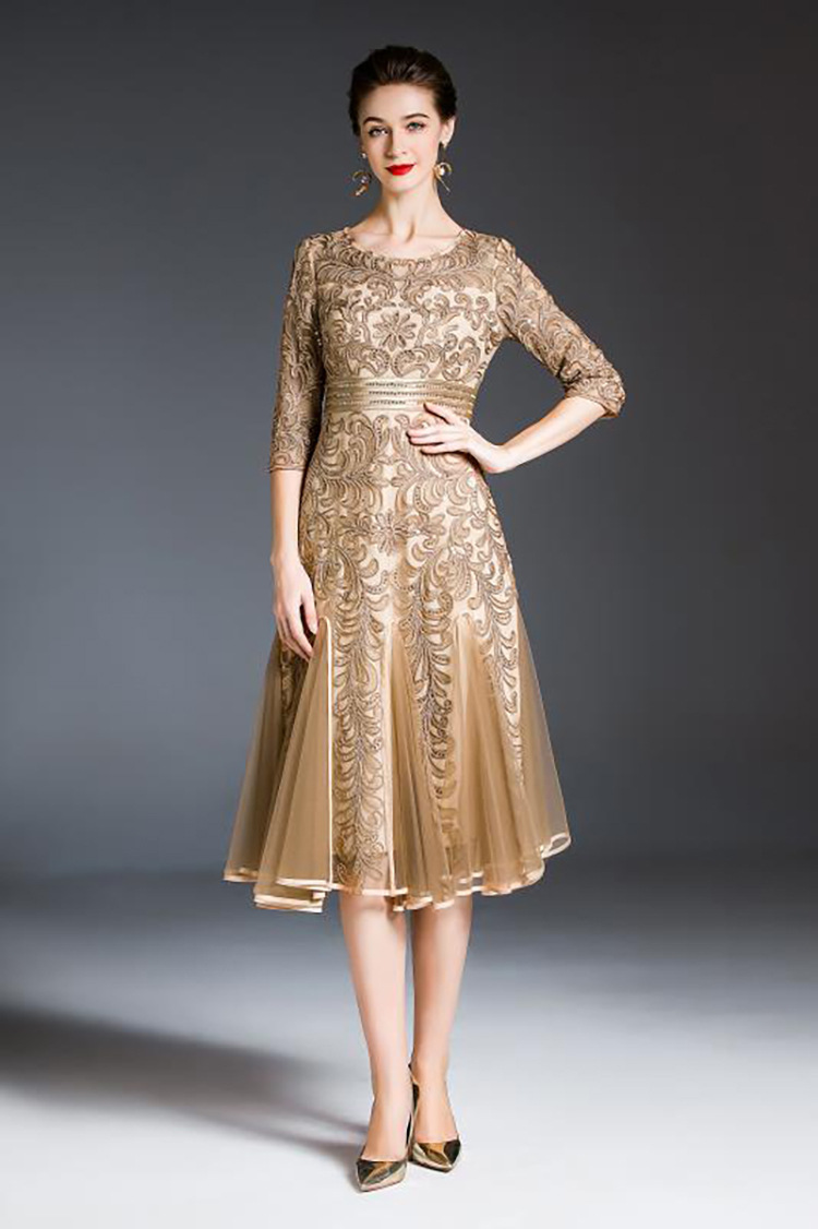 高贵优雅女装重工刺绣年会敬酒礼服裙秋季中长款大摆连衣裙8639-1