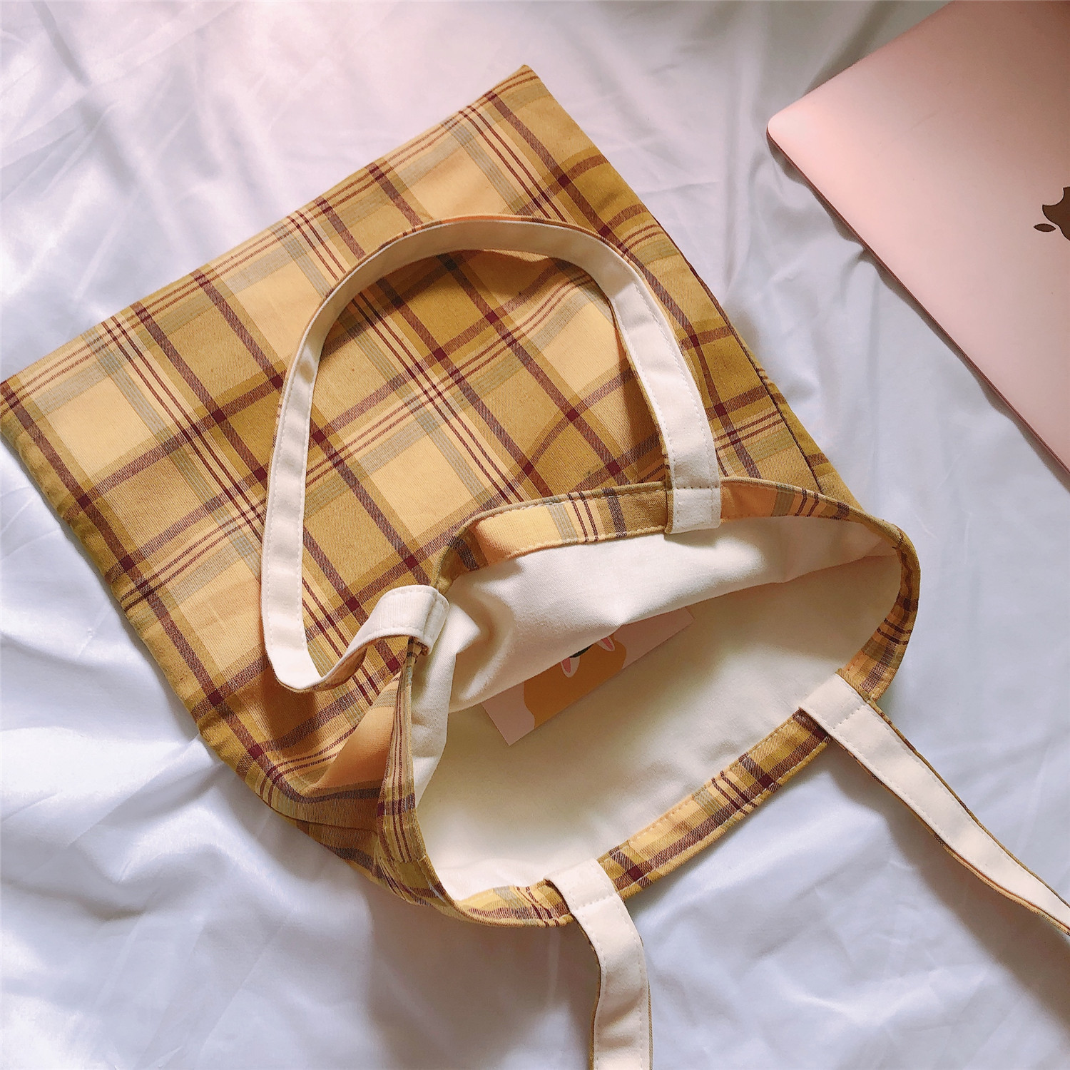 【归蝶布包】韩版休闲格子棉布袋环保文艺简约百搭春夏新款chic风