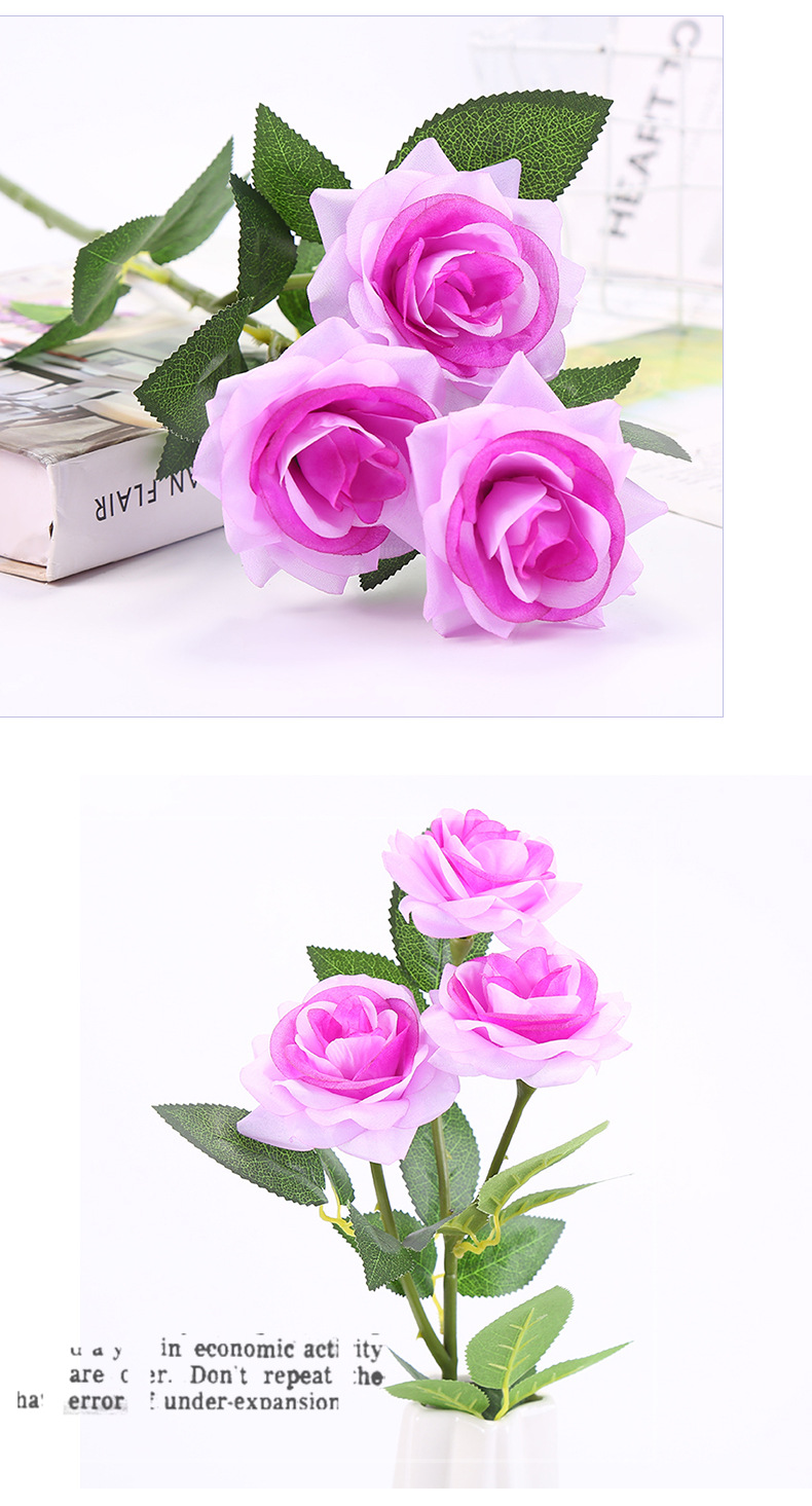 仿真三支卷边玫瑰花家居装饰新款假花仿真花花店玫热卖瑰花婚庆