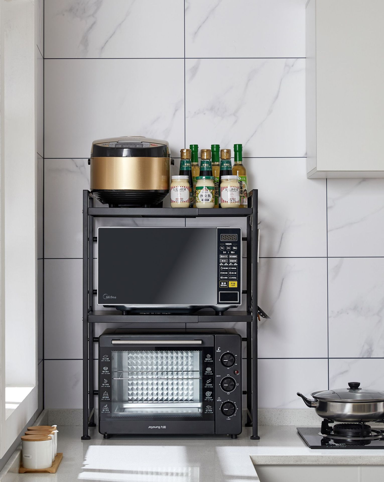 伸缩夹缝置物架厨房放烤箱微波炉架落地多层家用锅架子储物收纳柜