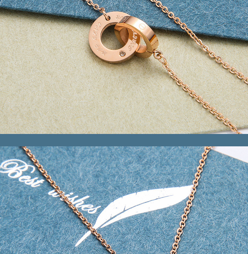 钛钢钻石项链 时尚气质双环镶钻玫瑰金女款锁骨链饰品批发