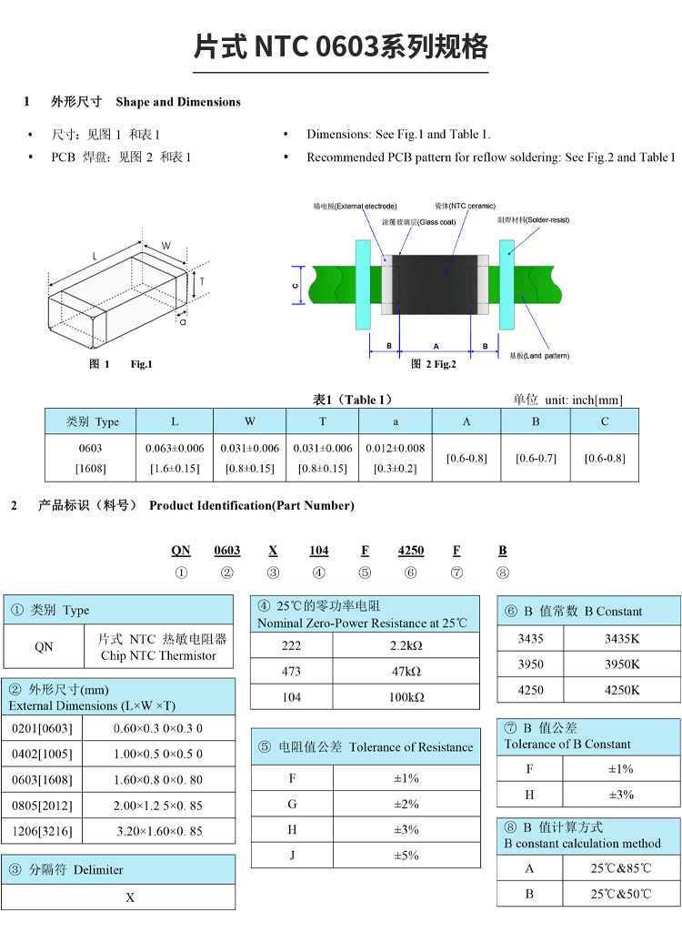 0603系列贴片热敏电阻 10k/100k/103/104/223/473ntc热敏电阻厂家