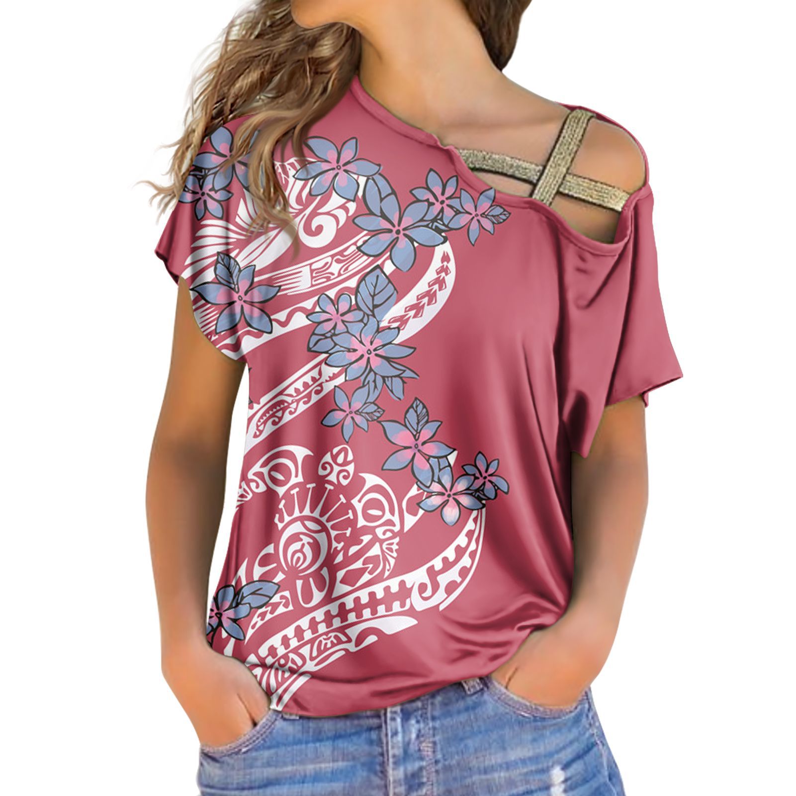 一件起订露肩女士上衣波利尼西亚短袖polynesian亮片十字带女上衣