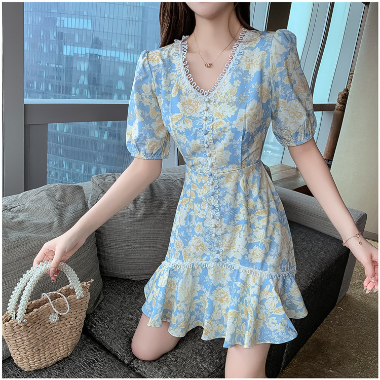 油画裙2020夏装新款法式度假风裙子小个子v领印花连衣裙女