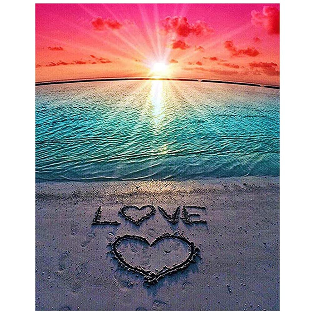 5d钻石画爱心love海边沙滩夕阳风景钻石绣diy贴钻画 亚马逊新款
