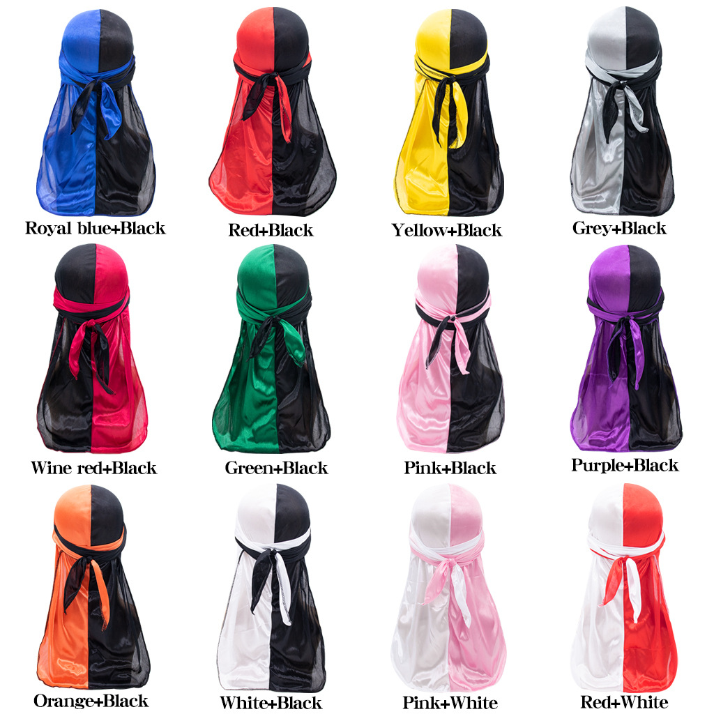 Factory Direct Sales Two-Tone Satin Long Tail Headscarf Cap Elastic Hair Care Pirate Hat South African Silky Durag