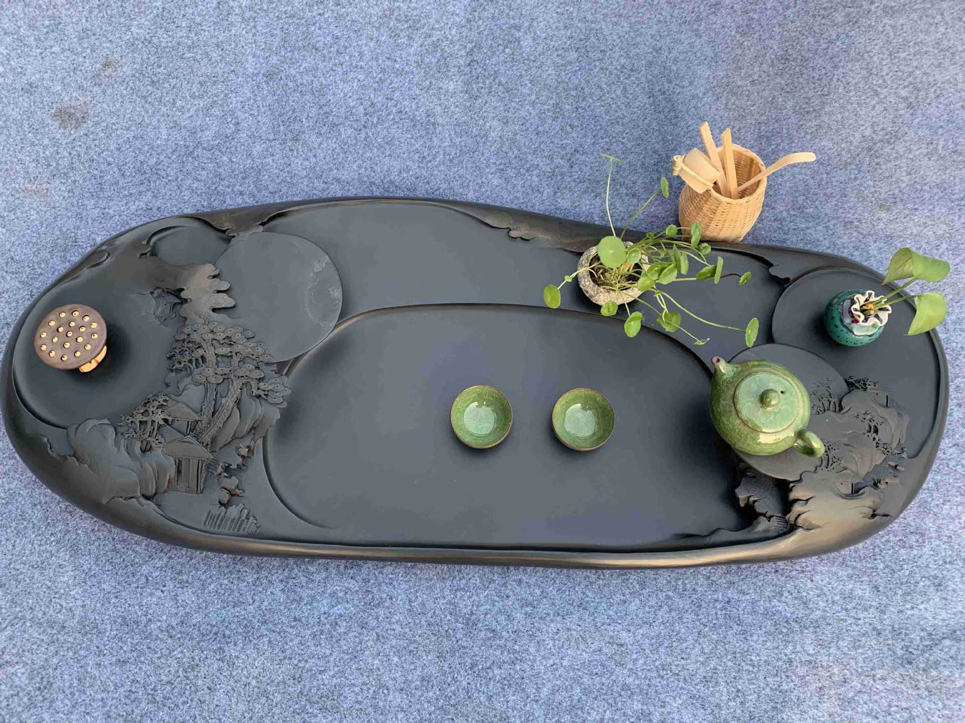 彦宸居匠心之作 歙砚茶盘 精品天然随形红皮石头茶台 手工储水盘