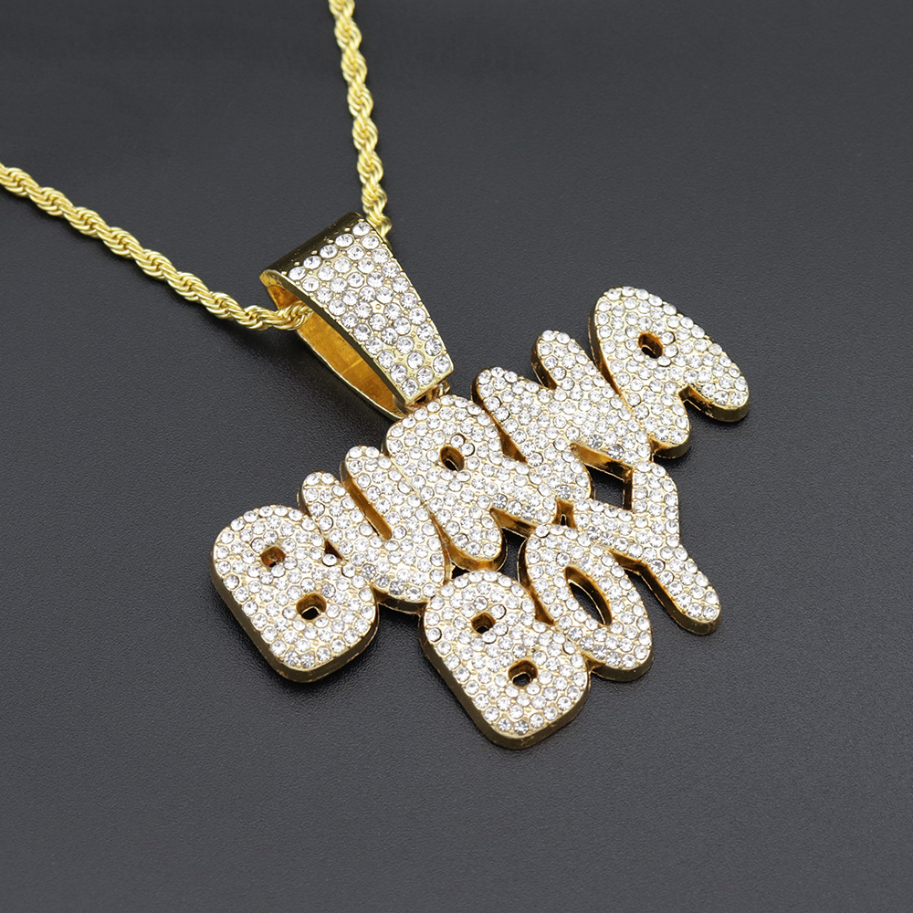 欧美爆款夸张个性英文字母嘻哈吊坠镀金镶钻潮牌hiphop项链跨境品