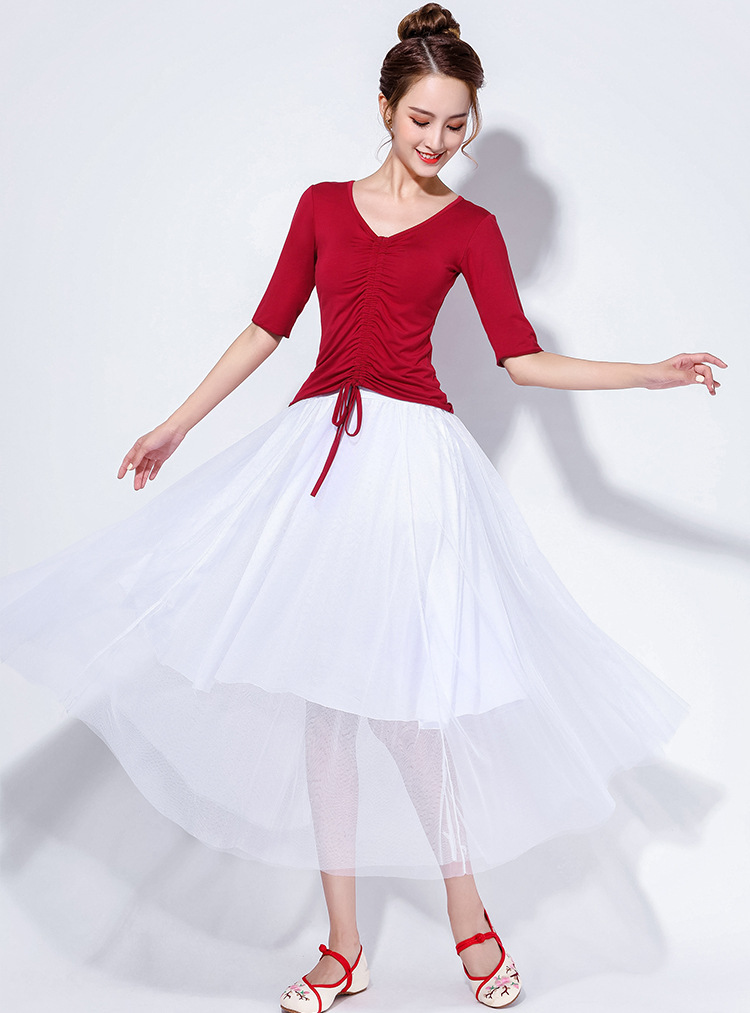 广场舞服装女交谊舞中长裙中老年半身裙抽绳上衣广场舞网纱大摆裙