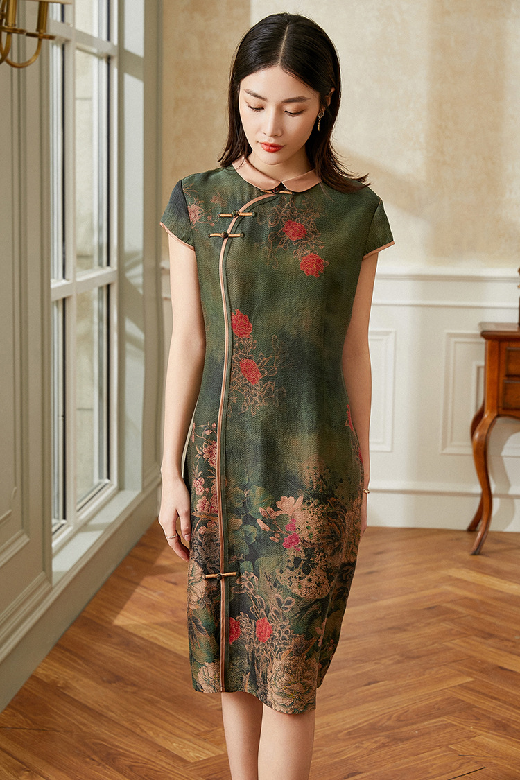 中国风盘扣改良旗袍香云纱连衣裙(货号 lsf105)