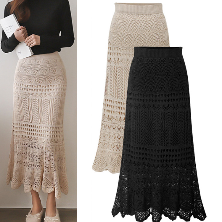 半身裙女春夏新款百搭显瘦洋气钩花镂空中长款针织半身裙包臀长裙