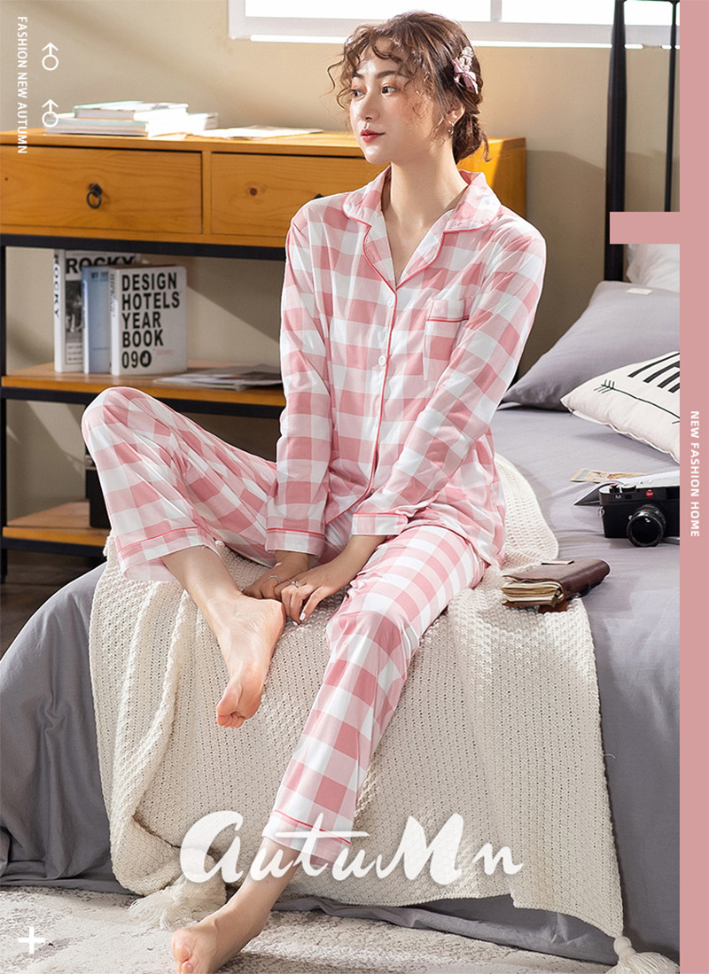 春秋睡衣女格子开衫长袖韩版简约大码学生少女粉色居家服套装冬季