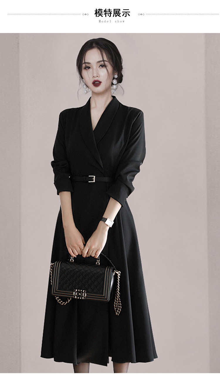 跨境女装赫本风西装连衣裙秋冬2021年收腰显瘦黑色职业大摆中长裙