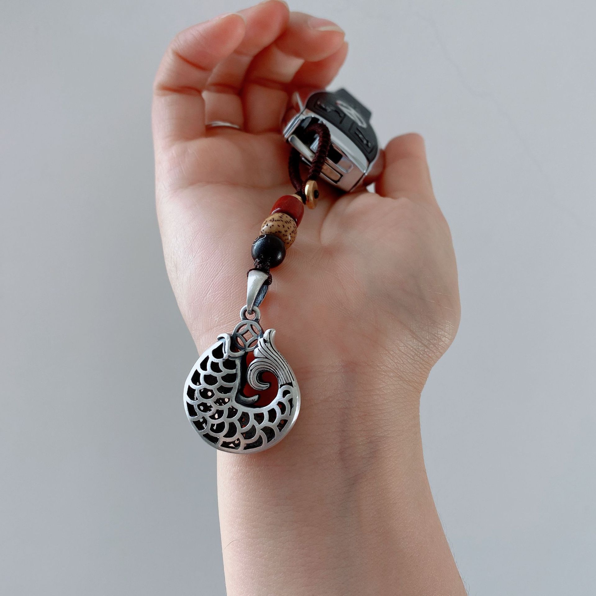 富贵吉祥鱼纯银990汽车钥匙扣挂件复古中国风手工编织钥匙扣挂绳