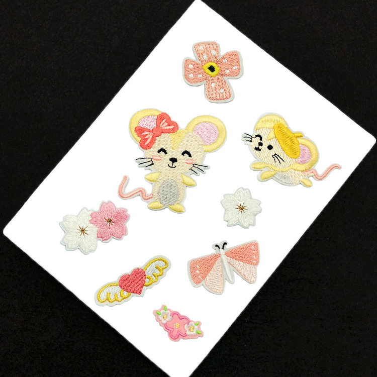 新款可爱小老鼠刺绣布贴童装背胶补丁贴卡通花朵绣花胸针diy辅料