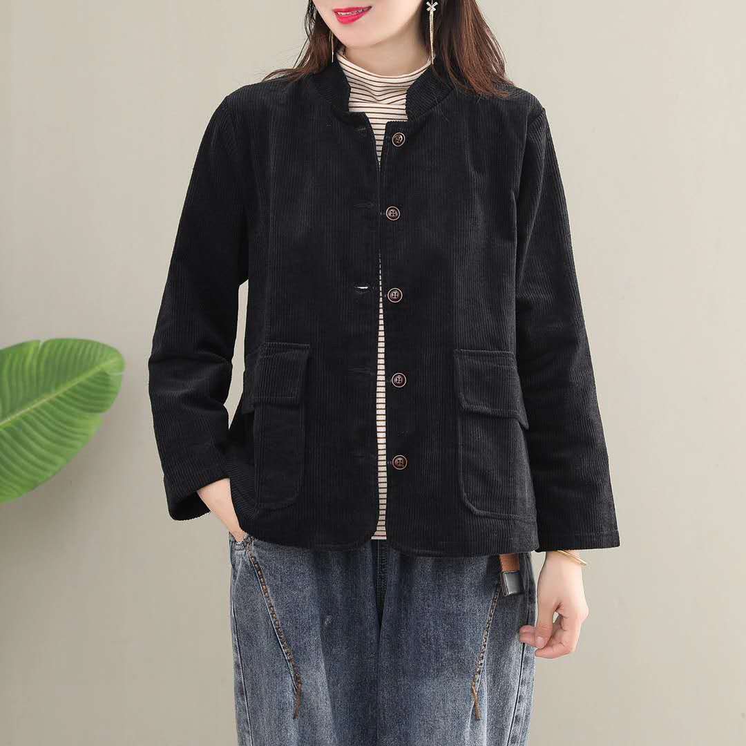 2020秋季新款复古文艺灯芯绒外套女宽松立领条绒上衣