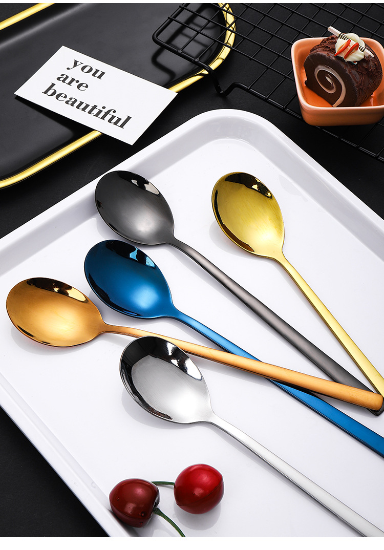 创意不锈钢镀钛勺子韩式甜品咖啡勺长柄搅拌勺汤羹家用吃饭勺餐具