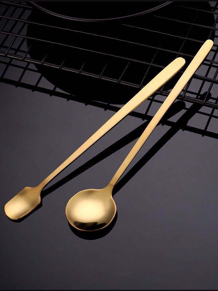 不锈钢镀钛金甜品勺酒吧勺咖啡店调味羮长柄勺搅拌勺冰勺子奶茶勺